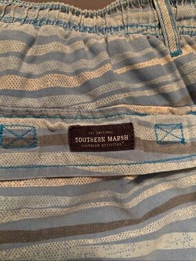 Southern Marsh Blue and White Striped Swim Trunks mens